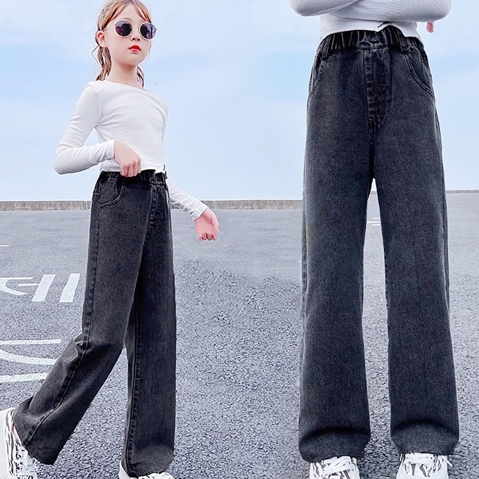 CZHQWE Girls Jeans Girls Wide Leg Jeans Girls Jeans Wide Leg Baggy Pants High Elastic Waisted Cute Bow Trousers Kids Streetwear Blue 7 8 Years