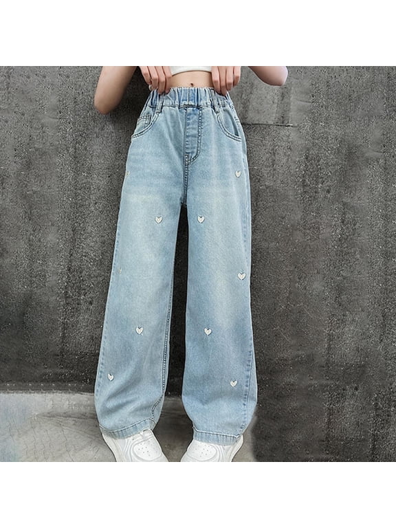 Girls Jeans with Pockets- Casual Wide Leg Baggy High Rise Denim Pants Blue Size 12
