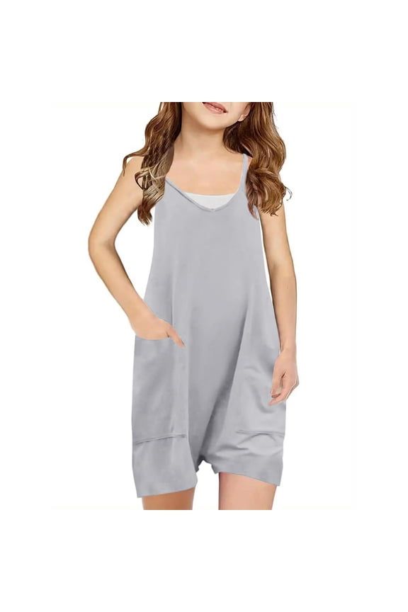 Girls Jumpsuit- Casual Cute Summer Sleeveless Loose Fit Rompers with Pockets Gray Size 11 Years