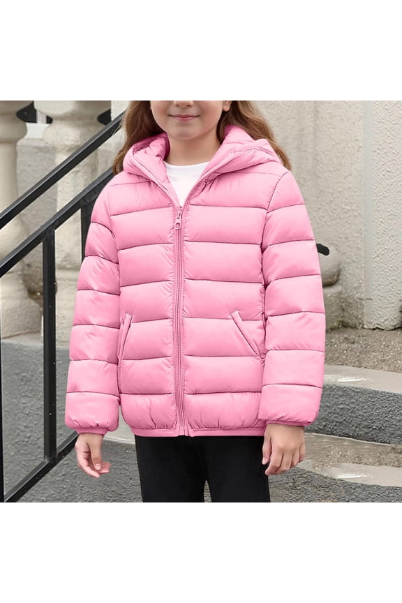 Girls Lightweight Winter Coats with Hood- Warm Casual Full Zip Kids Puffer Jacket Pink Size 6