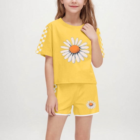 Tdoqot Girls Outfit Sets 2 Piece- Casual Cute Soft Short Sleeve T Shirts and Shorts Kids Clothes Yellow Size 10