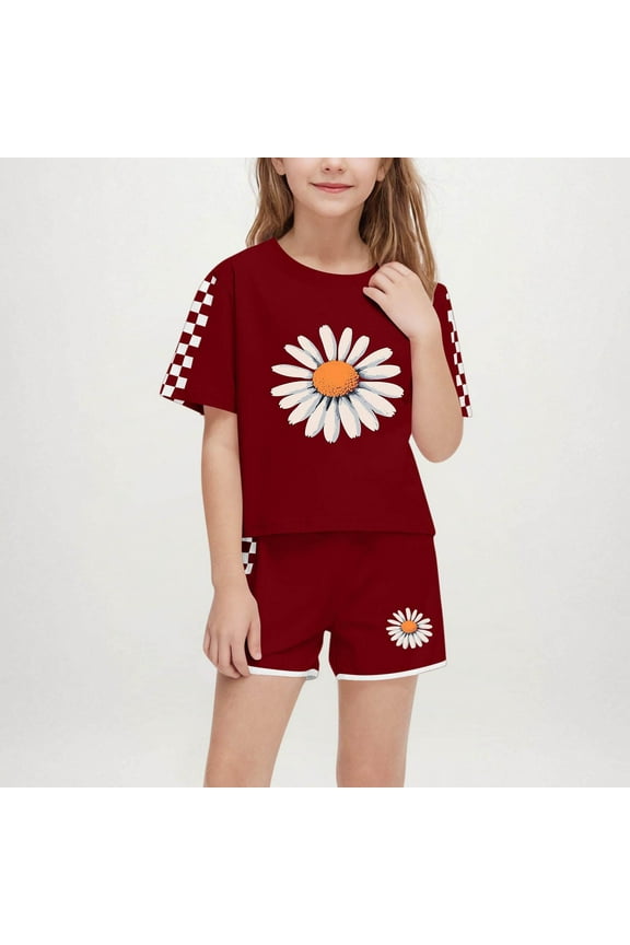 Girls Outfit Sets 2 Piece- Casual Soft Short Sleeve Cute T Shirts and Shorts Kids Clothes Wine Size 6