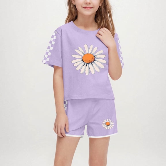 Tdoqot Girls Outfit Sets 2 Piece- Cute Short Sleeve Soft Casual T Shirts and Shorts Kids Clothes Purple Size 6