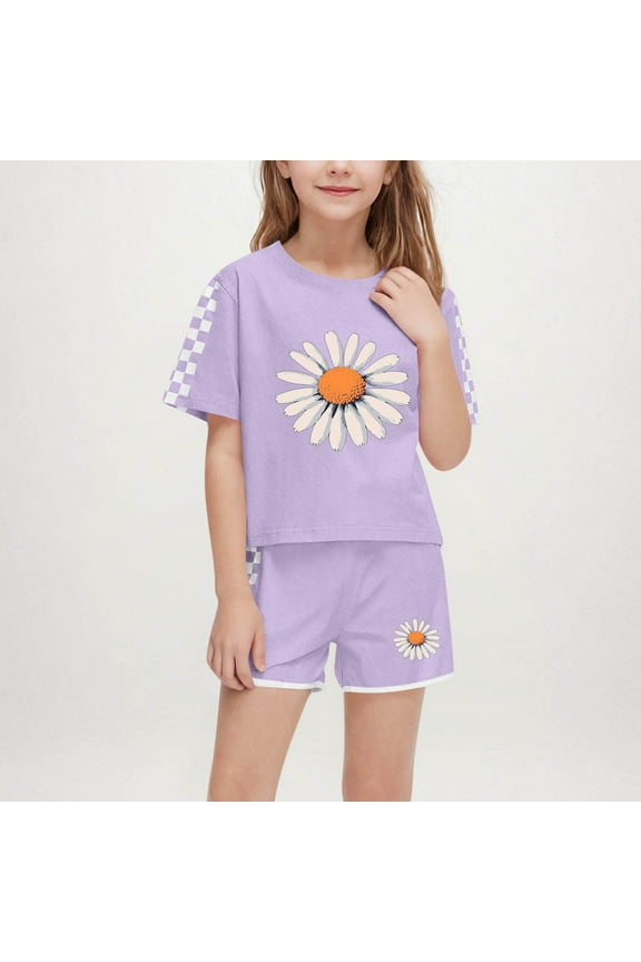 Girls Outfit Sets 2 Piece- Cute Short Sleeve Soft Casual T Shirts and Shorts Kids Clothes Purple Size 6