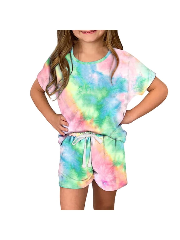 Girls Outfit Sets- Fashion Kids Summer Clotehs Short Sleeve Tie-Dye Sweat Shirts and Shorts Pink Size 9-10T