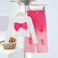 thumbnail image 1 of Tdoqot Girls Outfits Set- Cute Casual Long Sleeve Embroidered Shirts and Denim Pants Kids Spring Clothes Hot Pink Size 4-12, 1 of 7