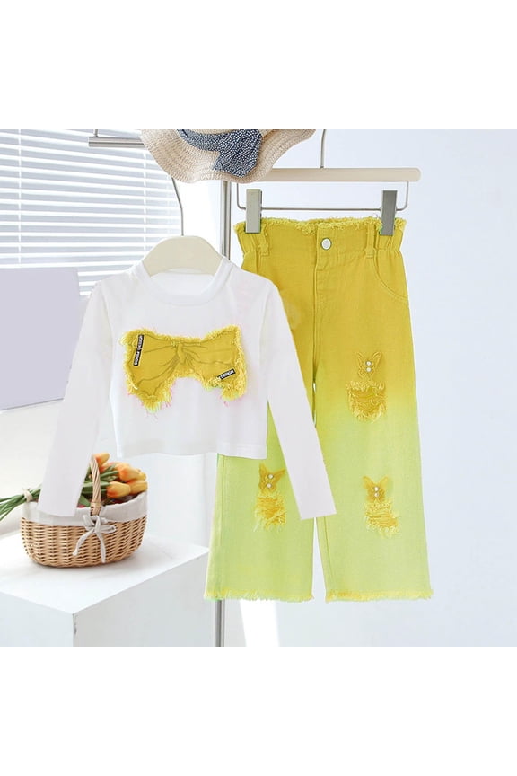 Girls Outfits Set- Cute Long Sleeve Casual Embroidered Shirts and Denim Pants Kids Spring Clothes Yellow Size 4