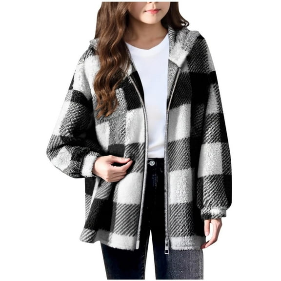 Tdoqot Girls Plaid Fleece Jackets with Hood- Warm Loose Casual Zip Up Lightweight Fall Coat Black Size 12