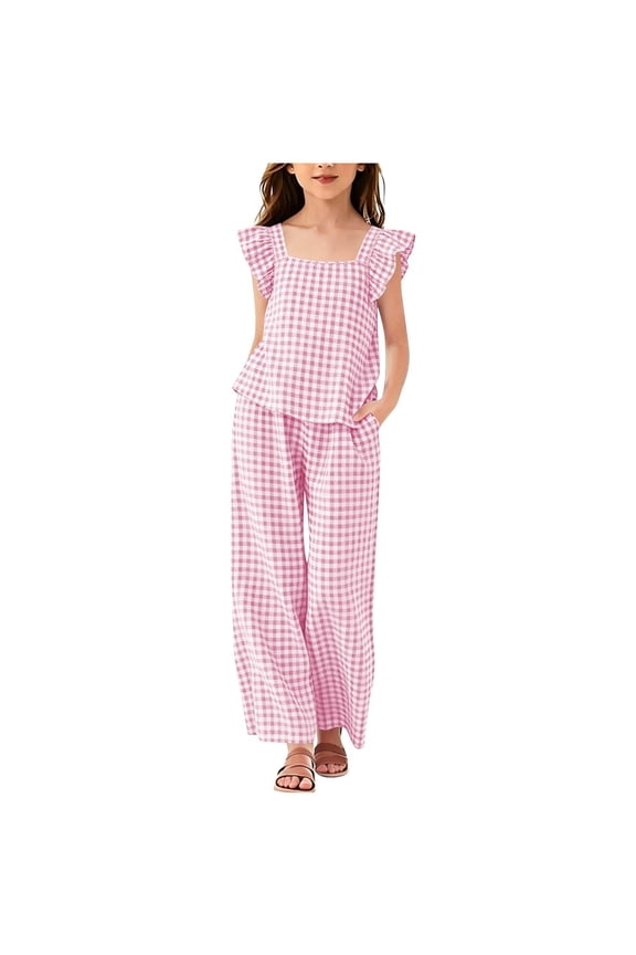 Girls Plaid Outfits Set- Tops and Pants Loose Casual Short Sleeve Kids Summer Fashion Clothes Pink Size 10-12 Years