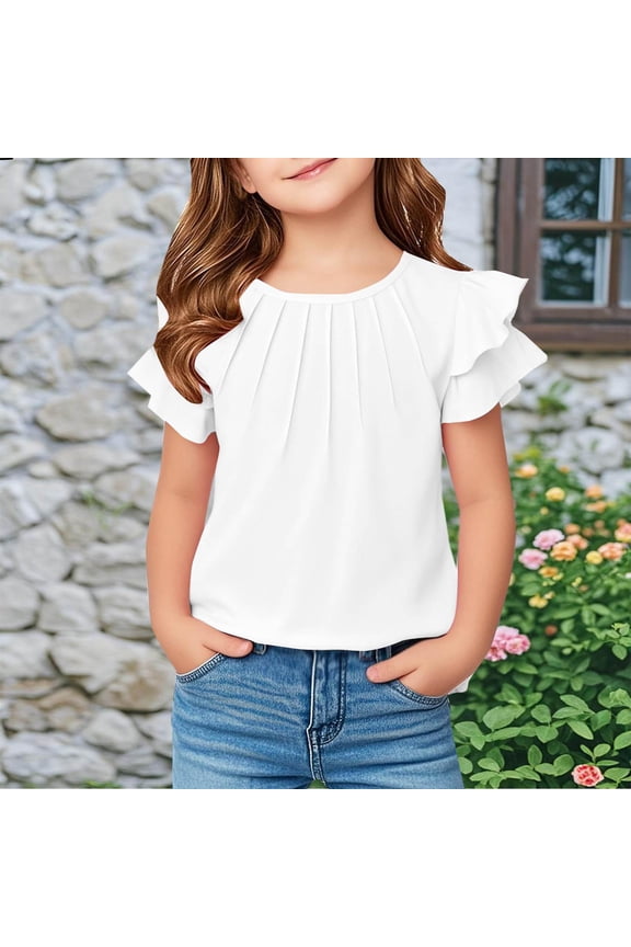 Girls Pleat T Shirts- Casual Cute Ruffle Short Sleeve Fashion Kids Summer Tops White Size 12