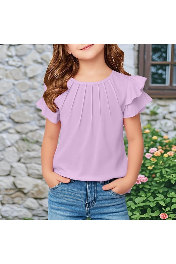 Girls Pleat T Shirts- Cute Casual Fashion Ruffle Short Sleeve Kids Summer Tops Purple Size 12