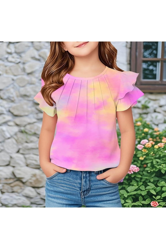 Girls Pleat T Shirts- Fashion Cute Ruffle Short Sleeve Casual Kids Summer Tops Pink Size 8
