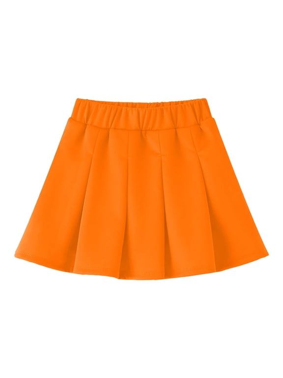 Girls Pleated Tennis Skirts- High Waist Stretch Casual Cute Kids Mini Skirts Orange Size 8 Years