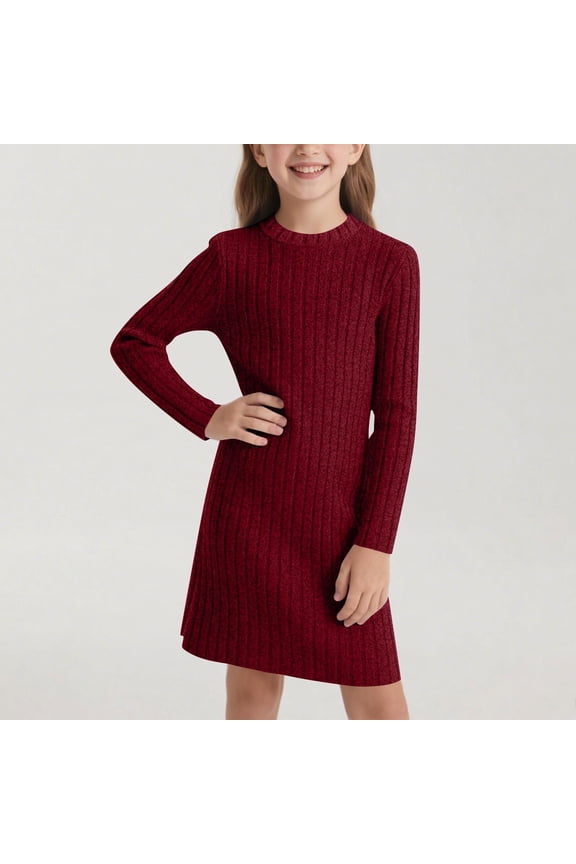 Girls Ribbed Shirt Dresses- Long Sleeve Casual Soft Knit Fall Midi Dresses Wine Size 6