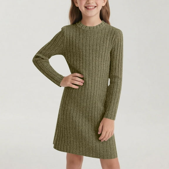 Tdoqot Girls Ribbed Shirt Dresses- Long Sleeve Soft Knit Casual Fall Midi Dresses Army Green Size 8