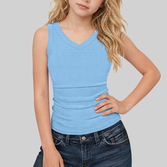 Tdoqot Girls Ribbed Tank Tops- Casual Slim Fit Summer V Neck Kids Sleeveless Shirts Blue Size 5