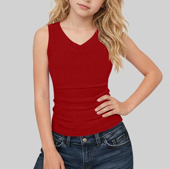 Tdoqot Girls Ribbed Tank Tops- Casual V Neck Summer Slim Fit Kids Sleeveless Shirts Red Size 12