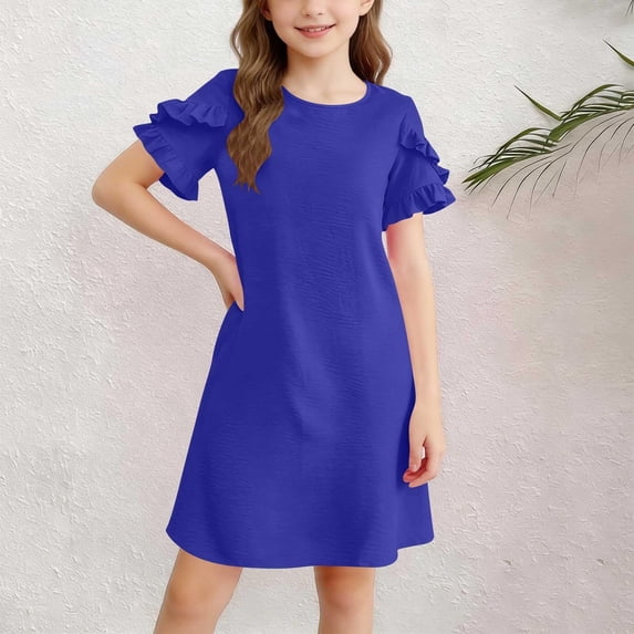 Tdoqot Girls Ruffle Dresses with Pockets- Summer Fashion Casual Short Sleeve Soft Kids Shirt Dresses Blue Size 12