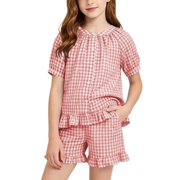 Tdoqot Girls Ruffle Plaid Outfits Set- Casual Short Sleeve Summer Button Down Shirts and Shorts Kids Clothes Pink Size 6-14