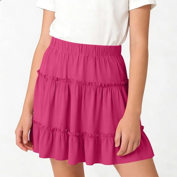 Tdoqot Girls Ruffle Skirts- Elastic Waist A-line Cute Casual A-Line Uniform Mini Skirt Hot Pink Size 5-14