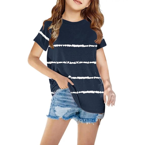Tdoqot Girls Striped T Shirts- Short Sleeve Fashion Summer Casual Kids Lace Tops Navy Size 4 Years