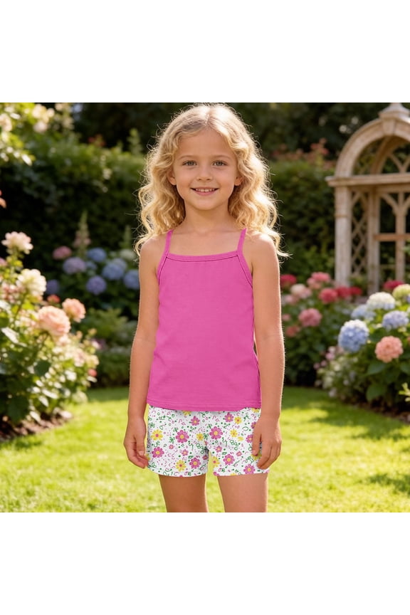 Girls Summer Outfit Sets 2 Piece- Soft Halter Cute Casual Tank Tops and Floral Shorts Kids Clothes Hot Pink Size 4-12