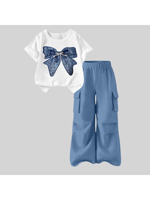 Girls Summer Outfits Set- Casual Cute Short Sleeve Lightweight Graphic T Shirts and Cargo Pants Kids Clothes Blue Size 10