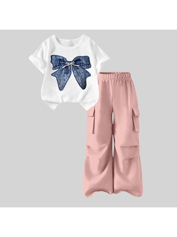 Girls Summer Outfits Set- Cute Lightweight Casual Short Sleeve Graphic T Shirts and Cargo Pants Kids Clothes Pink Size 8