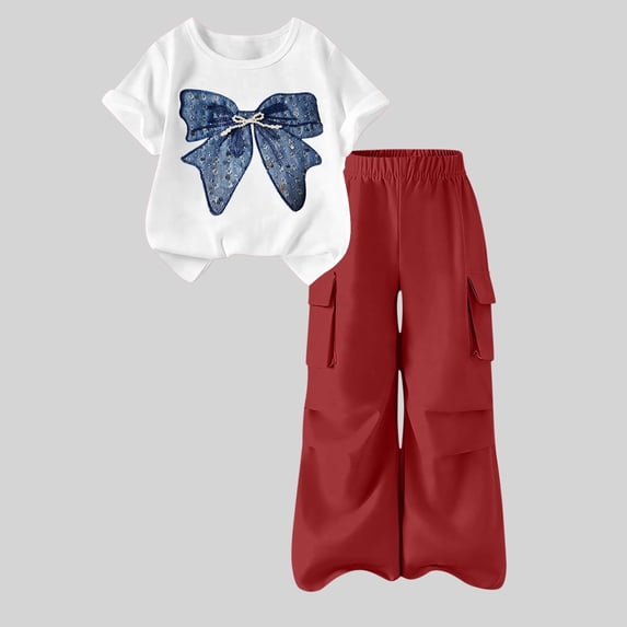 Tdoqot Girls Summer Outfits Set- Cute Lightweight Short Sleeve Casual Graphic T Shirts and Cargo Pants Kids Clothes Red Size 6