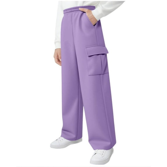 Tdoqot Girls Sweatpants with Pockets- Elastic Waist Casual Wide Leg Baggy Kids Cargo Pants Purple Size 10
