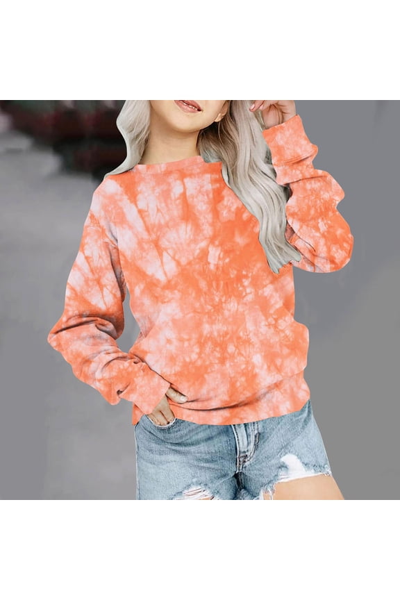 Girls Sweatshirts- Long Sleeve Trendy Soft Kids Tops Spring Clothes 2024 Orange Size 11-12 Years