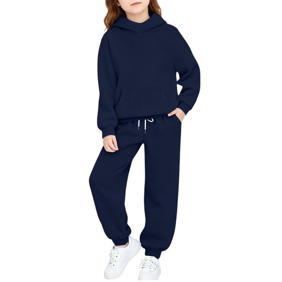 Tdoqot Girls Sweatsuits 2 PC Long Sleeve Fashion Stretch Casual Kids Outfits Set Hoodie and Sweatpants Navy 14