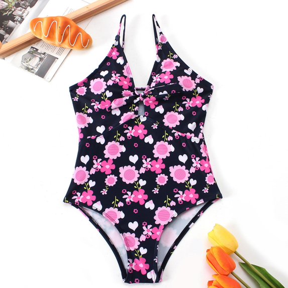 Tdoqot Girls Swimsuits One Piece Tankinis- Modest Floral Print Summer Bathing Suits Navy Size 7