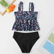 Tdoqot Girls Swimsuits One Piece Tankinis- Summer Modest Floral Print Bathing Suits Navy Size 8-10