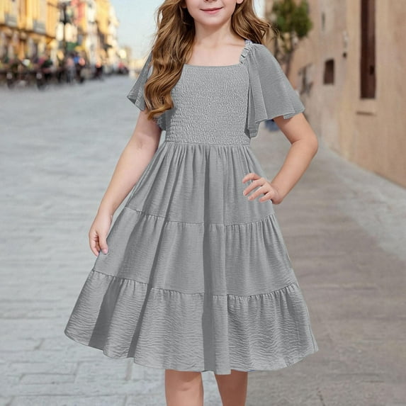 Tdoqot Girls Swing Dresses- Square Neck Ruffled Short Sleeve Casual Summer Midi Dress Gray Size 8