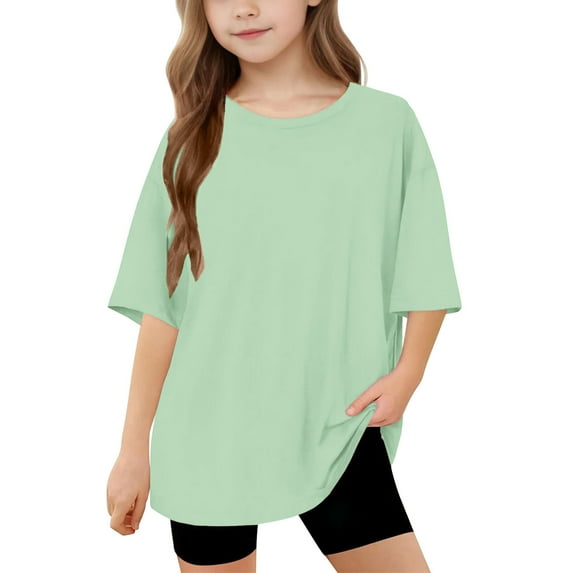 Tdoqot Girls T Shirts Loose Fit- Crewneck Soft Short Sleeve Casual Kids Summer Tops Green Size 6 Years