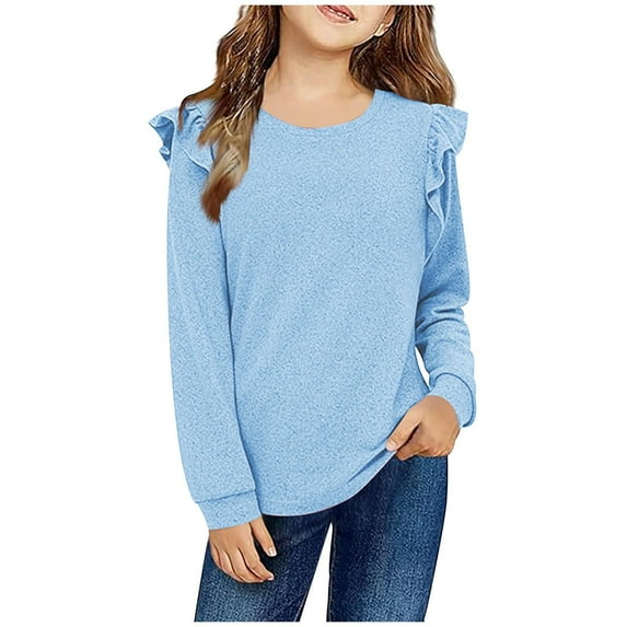 Tdoqot Girls T Shirts with Ruffle- Casual Fashion Crewneck Long Sleeve Kids Spring Clothes Tops Light Blue Size 10