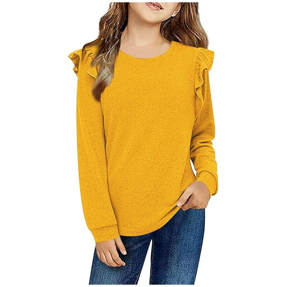 Tdoqot Girls T Shirts with Ruffle- Casual Fashion Long Sleeve Crewneck Kids Spring Clothes Tops Yellow Size 12