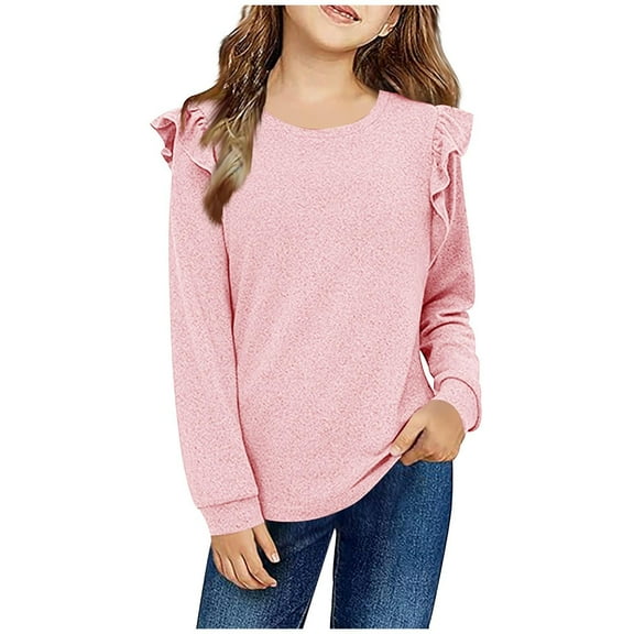 Tdoqot Girls T Shirts with Ruffle- Fashion Long Sleeve Casual Crewneck Kids Spring Clothes Tops Pink Size 8