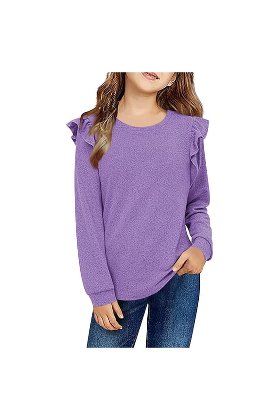Girls T Shirts with Ruffle- Fashion Long Sleeve Crewneck Casual Kids Spring Clothes Tops Purple Size 6