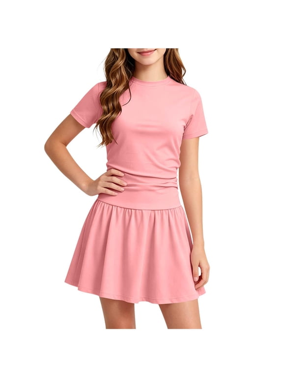 Girls Tennis Dresses- Quick Dry Short Sleeve Crewneck Kids Performance Dress Pink Size 5-14