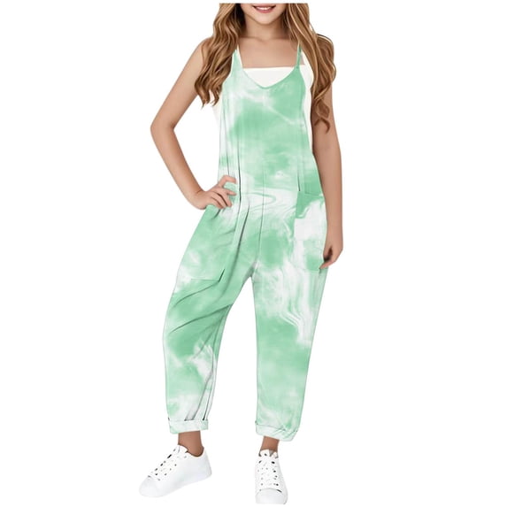 Tdoqot Girls Tie Dye Jumpsuit with Pockets- Casual Wide Leg Halter Cute Kids Overalls Green Size 10
