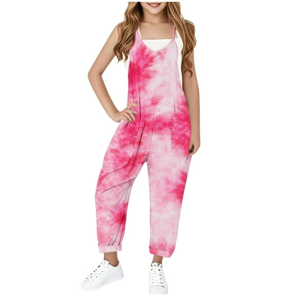 Tdoqot Girls Tie Dye Jumpsuit with Pockets- Wide Leg Cute Halter Casual Kids Overalls Pink Size 14