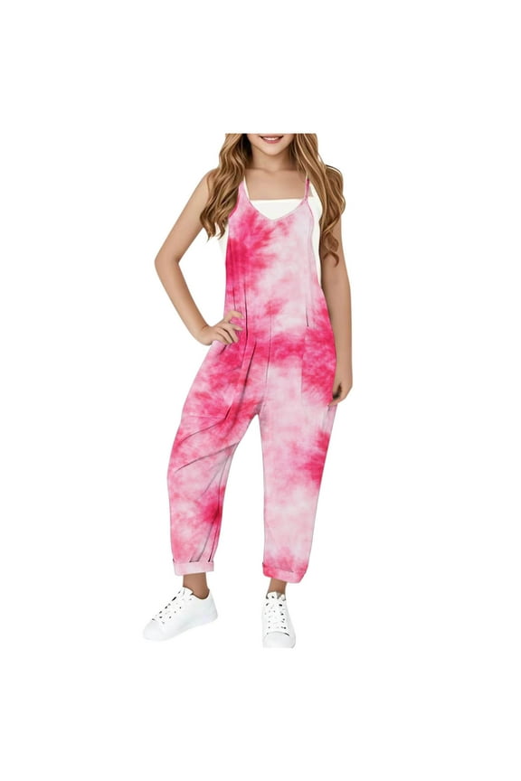 Girls Tie Dye Jumpsuit with Pockets- Wide Leg Cute Halter Casual Kids Overalls Pink Size 14