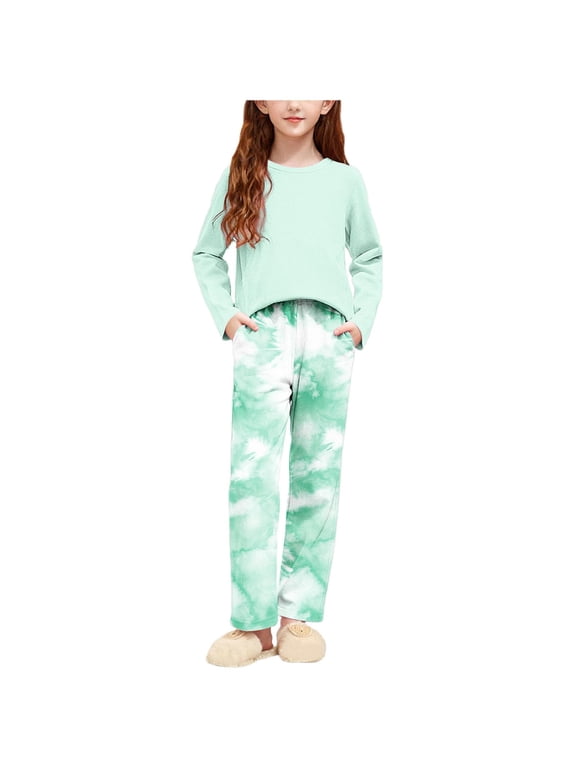 Girls Tie Dye Outfit Sets- Casual Cute Fashion Long Sleeve Kids Shirts and Pants Spring Clothes Mint Green Size 14