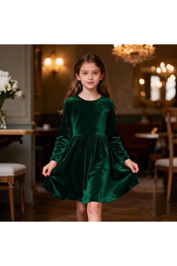 Girls Velvet Party Dresses- Casual Full Length Soft High Waist Kids Dance Pants Green Size 6