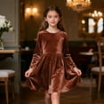 thumbnail image 1 of Tdoqot Girls Velvet Party Dresses- Crewneck Elegant Long Sleeve Soft Kids Winter Midi Dress Brown Size 5, 1 of 7