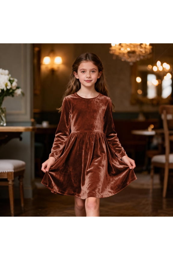 Girls Velvet Party Dresses- Elegant Crewneck Long Sleeve Soft Kids Winter Midi Dress Brown Size 10