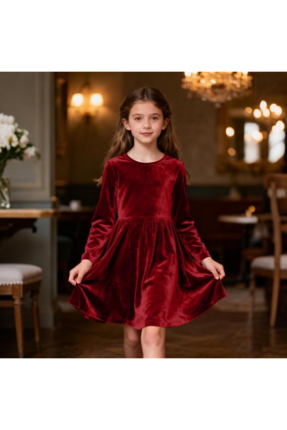 Girls Velvet Party Dresses- Elegant Long Sleeve Soft Crewneck Kids Winter Midi Dress Red Size 5-14