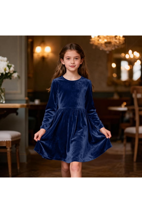 Girls Velvet Party Dresses- Elegant Soft Crewneck Long Sleeve Kids Winter Midi Dress Dark Blue Size 6